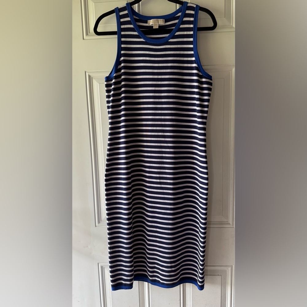 Michael Kors Woman’s Blue Striped Midi Sleeveless Body Con Dress